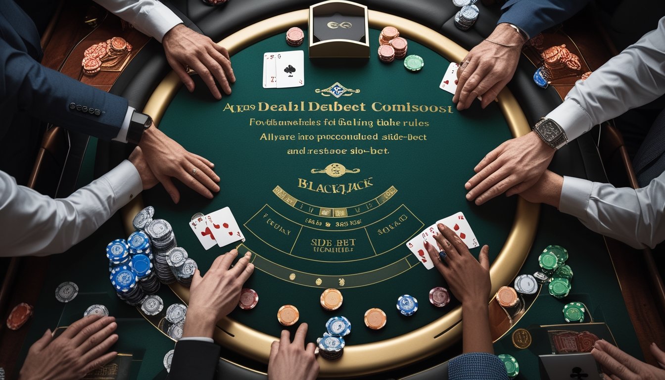 Meja blackjack dengan dealer, kartu remi, keping kasino, dan area taruhan utama serta taruhan sampingan.
