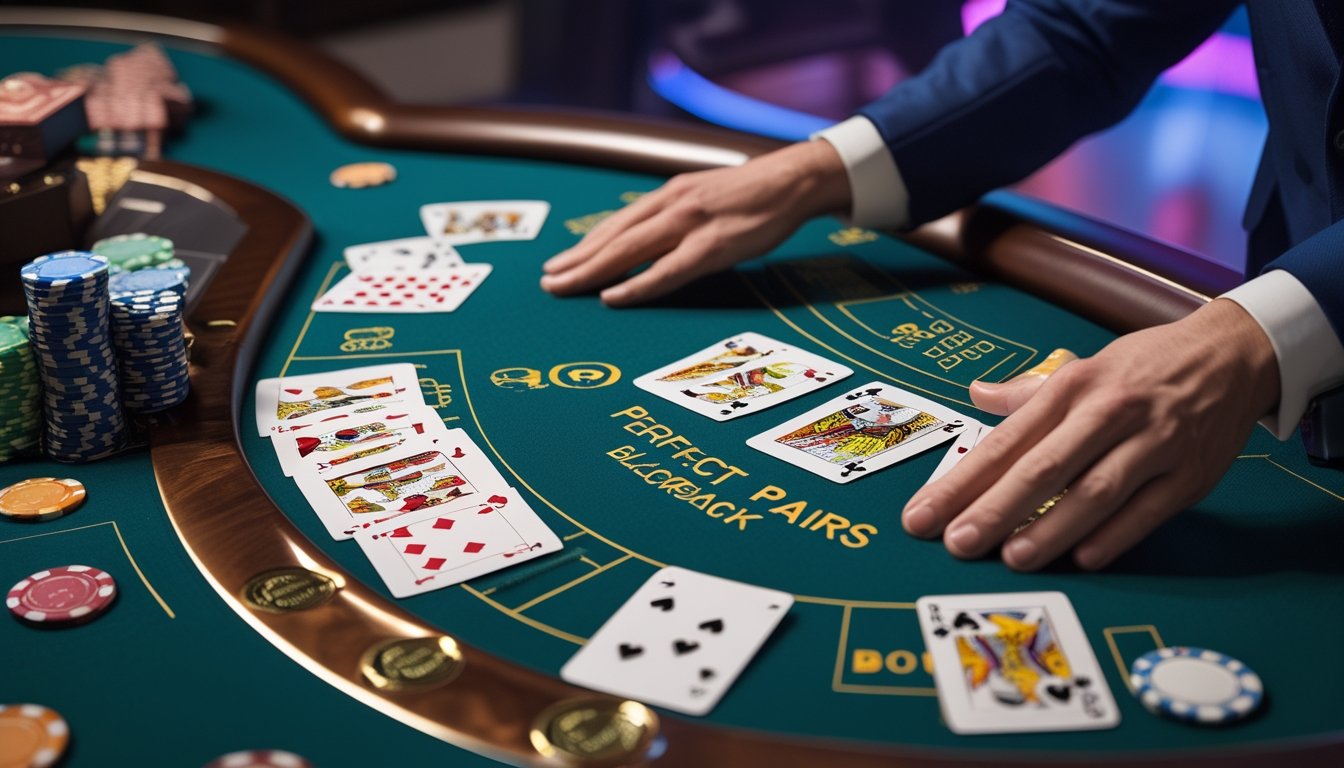 Meja blackjack dengan kartu berpasangan dan tumpukan chip kasino di bawah pencahayaan elegan.