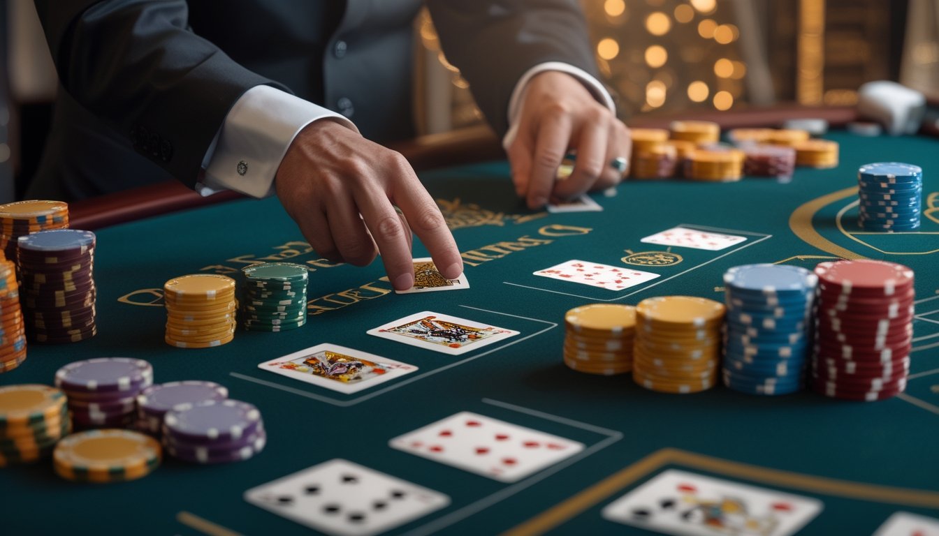 Dealer blackjack menampilkan sepasang kartu identik dengan chip taruhan di atas meja kasino.