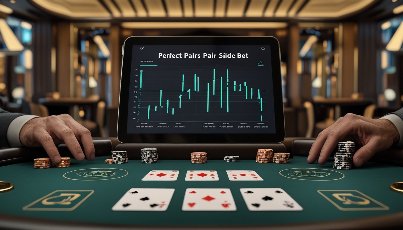 Meja blackjack dengan sepasang kartu yang cocok, keping taruhan, dan tablet berisi grafik analisis di dalam kasino.