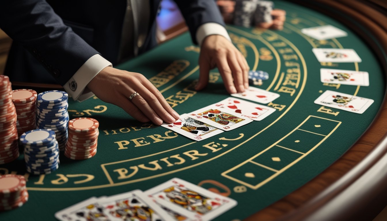 Tangan dealer menata sepasang kartu dan keping taruhan di meja blackjack kasino.
