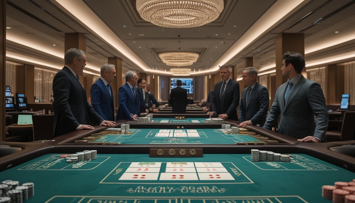 Pemain profesional mengamati beberapa meja baccarat di kasino modern dengan kartu dan keping taruhan.