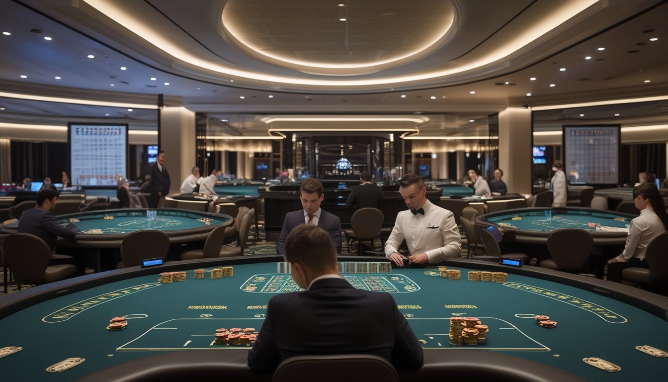 Pemain profesional mengamati beberapa meja baccarat di kasino modern.