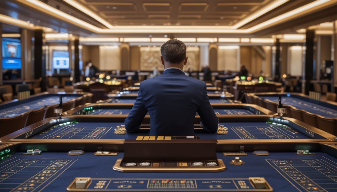 Seorang pemain mengamati beberapa meja baccarat di kasino modern dengan kartu dan keping taruhan tersusun di meja.