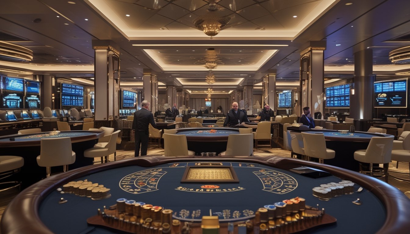 Beberapa meja baccarat di kasino mewah dengan pemain dan dealer yang sedang bermain secara fokus.