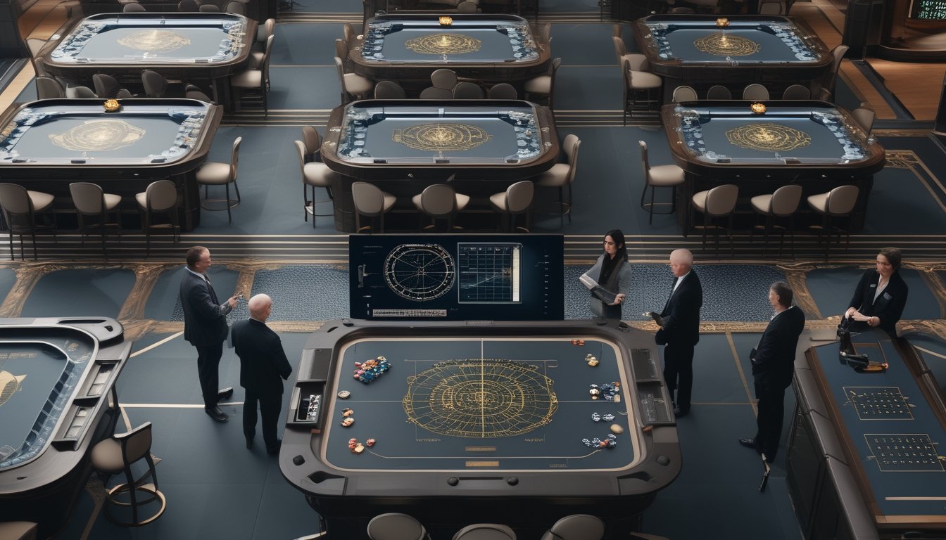 Analis profesional mempelajari data dan beberapa meja baccarat di dalam kasino modern.