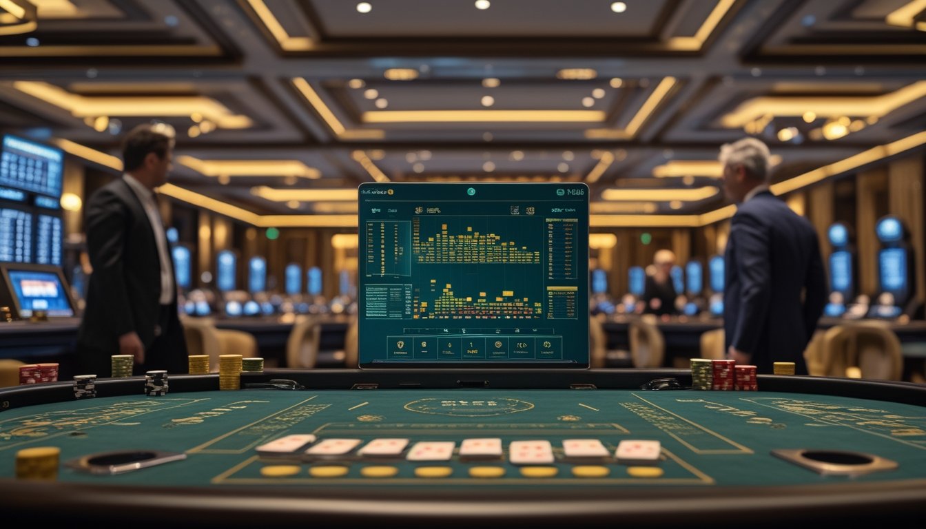 Suasana kasino modern dengan beberapa meja baccarat dan pemain yang mengamati permainan.
