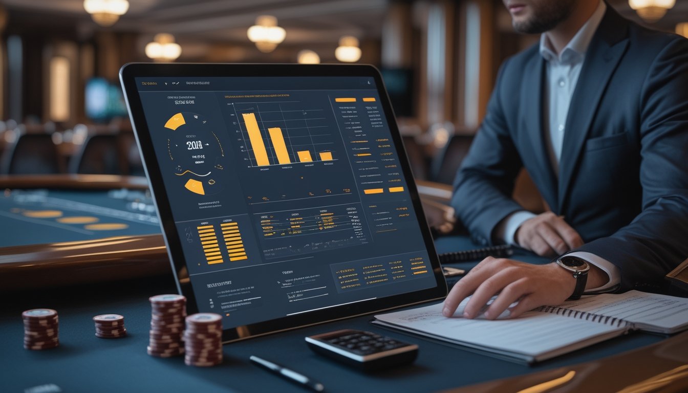 Seorang profesional menganalisis anggaran dan data di dekat beberapa meja baccarat dengan tumpukan chip yang tertata.