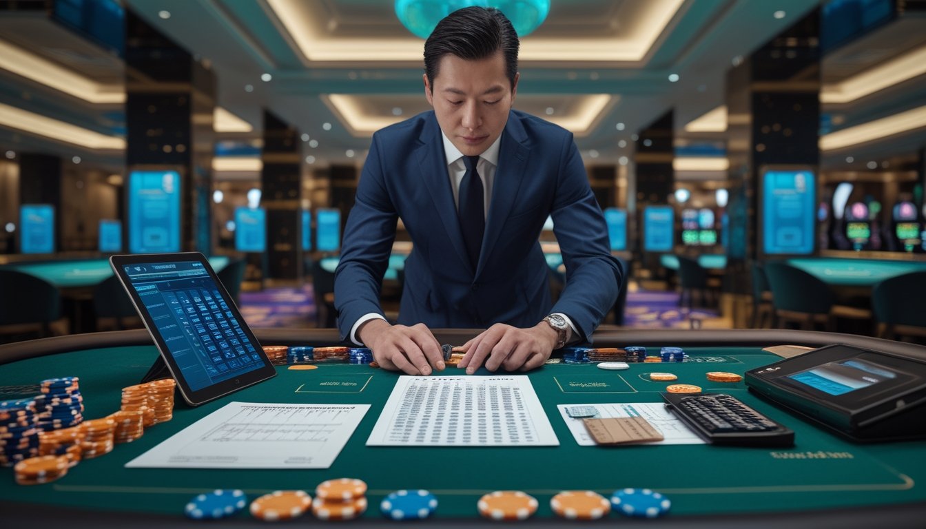Seorang analis meninjau rencana keuangan di meja kerja dengan tablet, kalkulator, dan perlengkapan baccarat di ruang kasino.