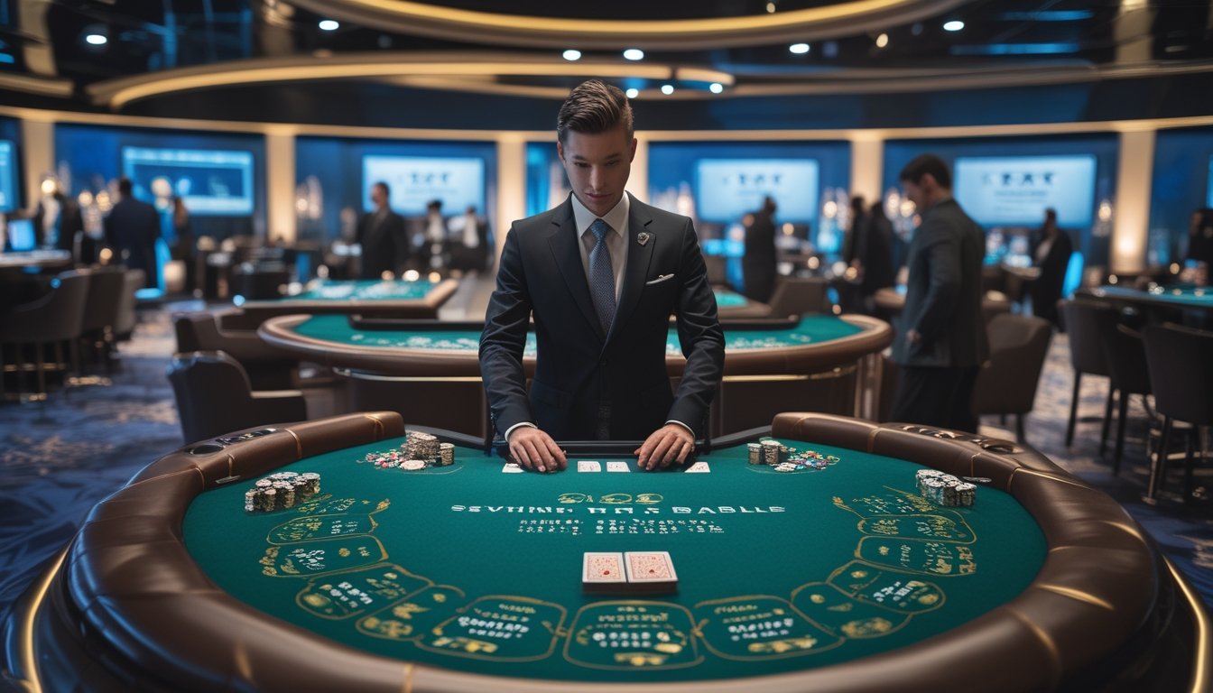 Dealer membagikan kartu di meja baccarat dengan beberapa meja lain terlihat di studio kasino modern.