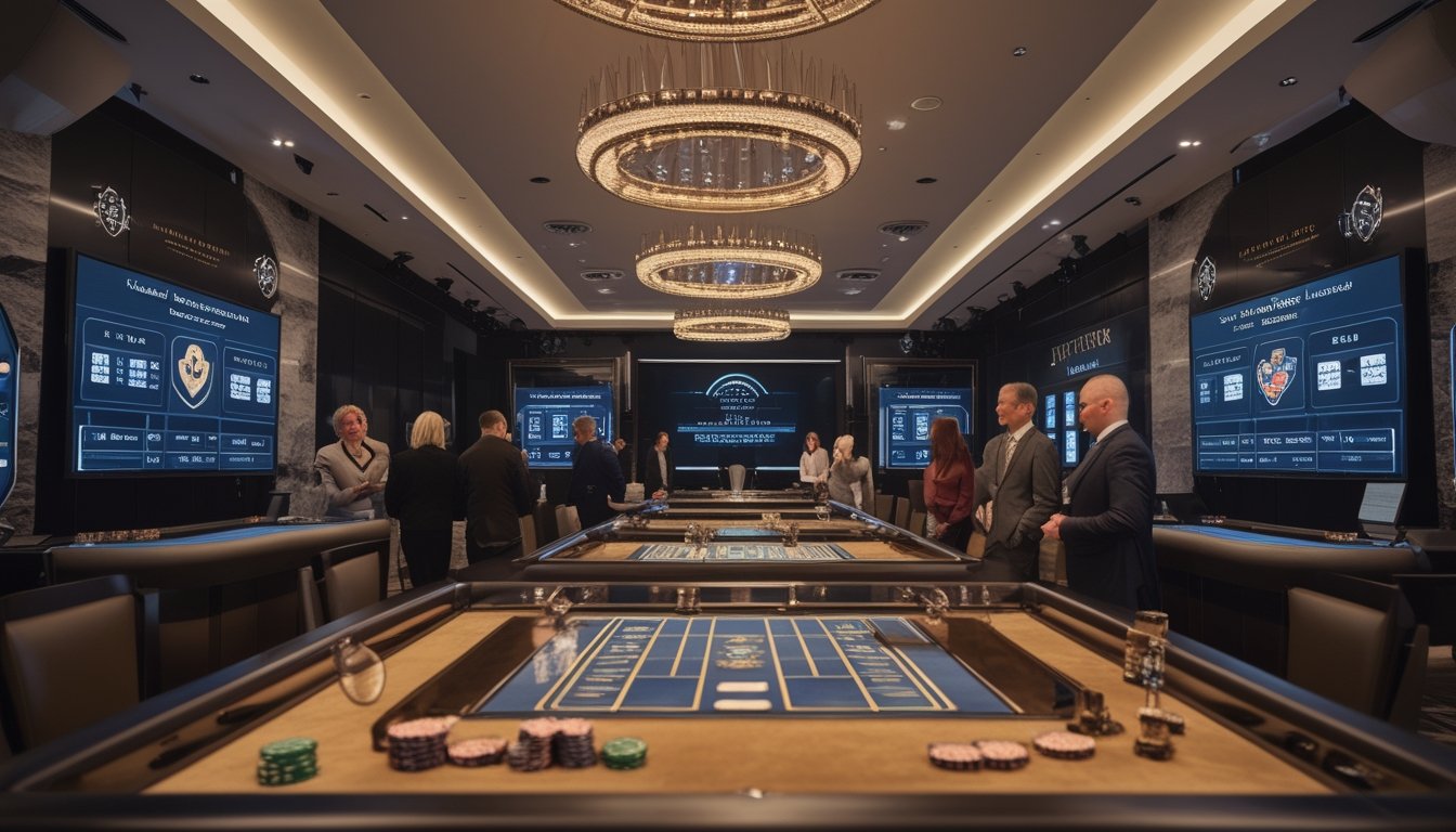Dealer dan pemain dewasa berada di ruang kasino modern dengan beberapa meja baccarat serta tampilan keamanan digital.