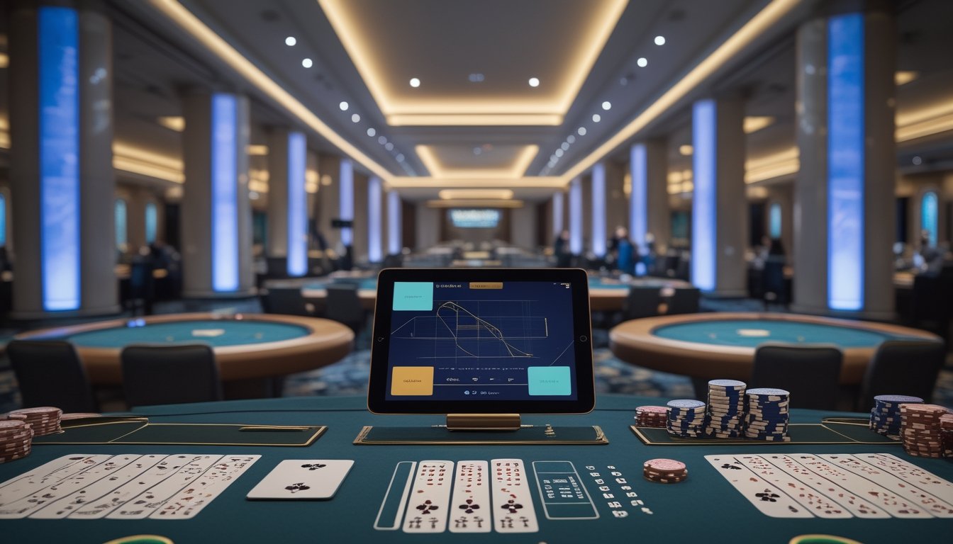 Suasana kasino modern dengan beberapa meja baccarat, keping taruhan, kartu, dan perangkat analisis data.