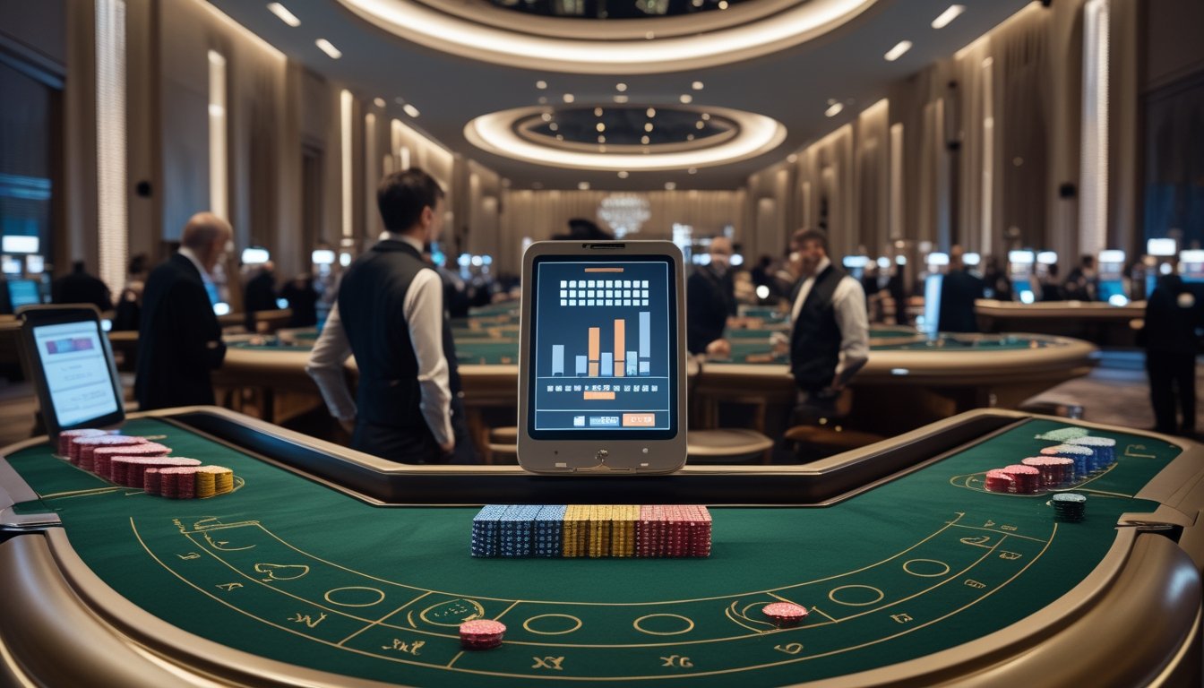 Suasana kasino dengan beberapa meja baccarat, kartu dan tumpukan chip yang tersusun rapi, serta pemain dan dealer dalam kegiatan permainan.