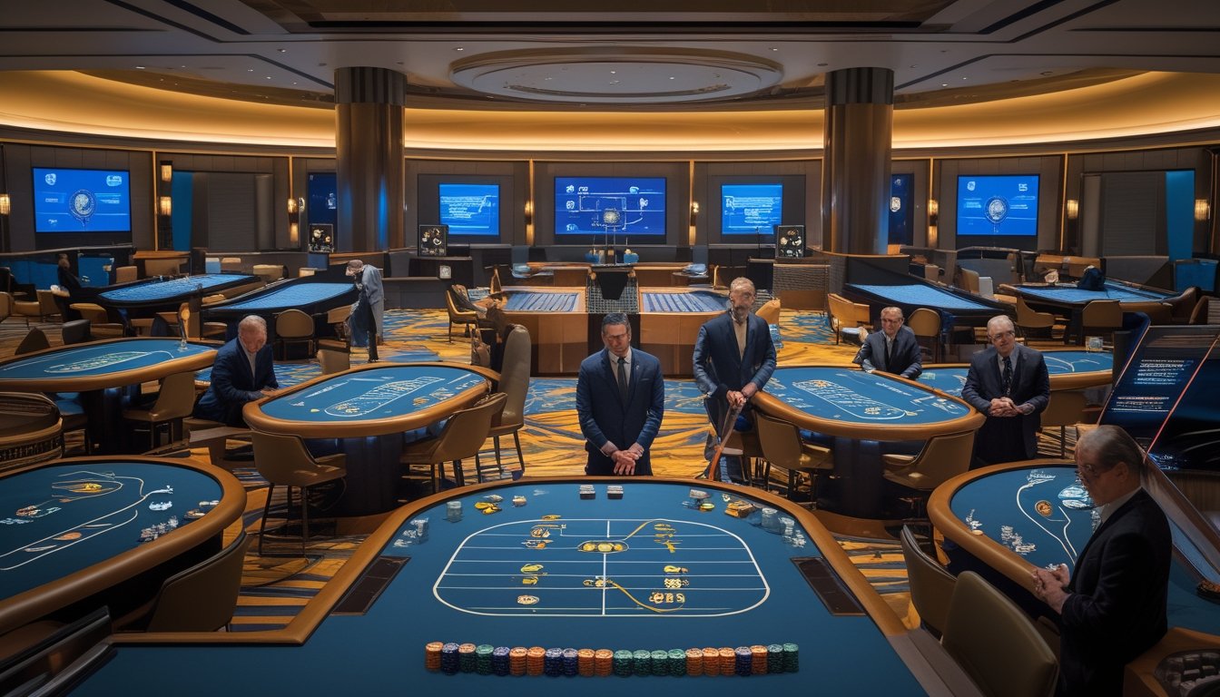 Suasana kasino modern dengan beberapa meja baccarat, kartu, keping taruhan, dan analis yang mengamati pola permainan.
