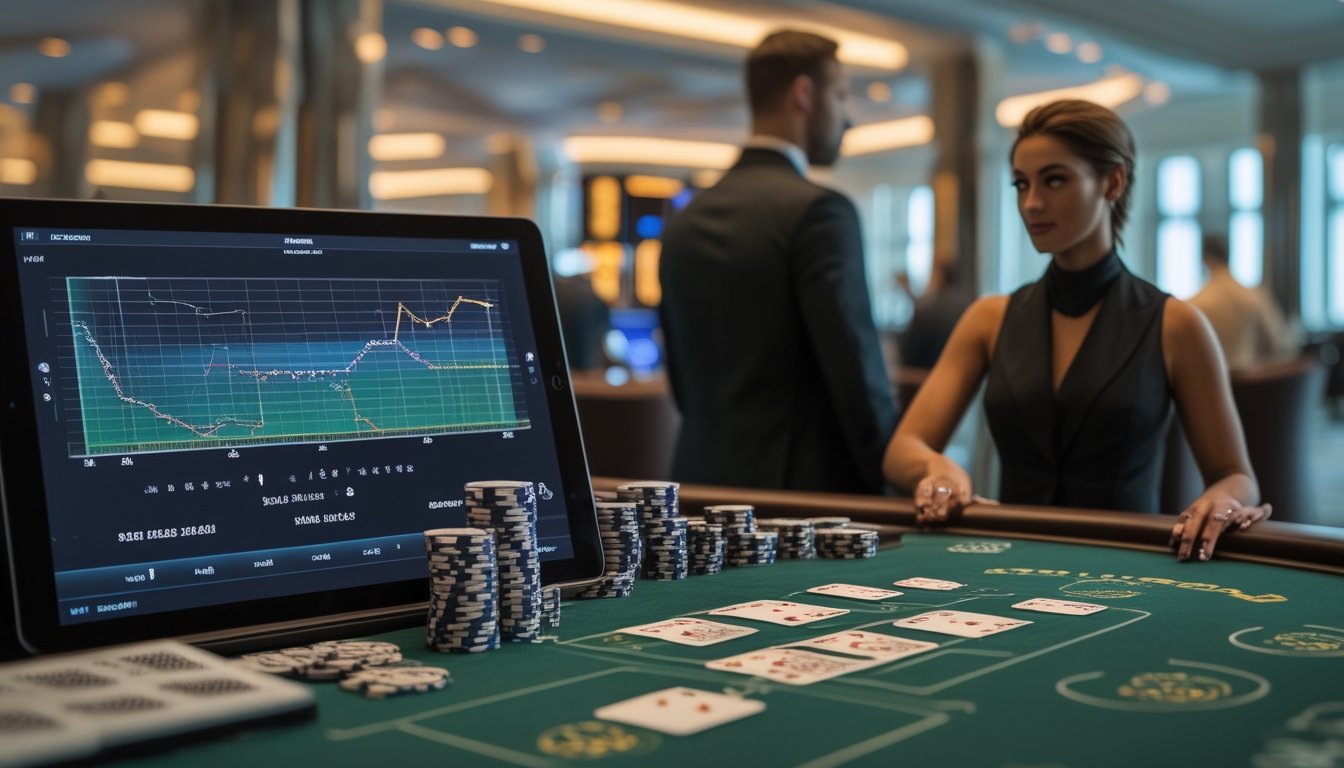 Suasana kasino dengan beberapa meja baccarat, kartu, chip, dan tampilan pola analisis di meja depan.