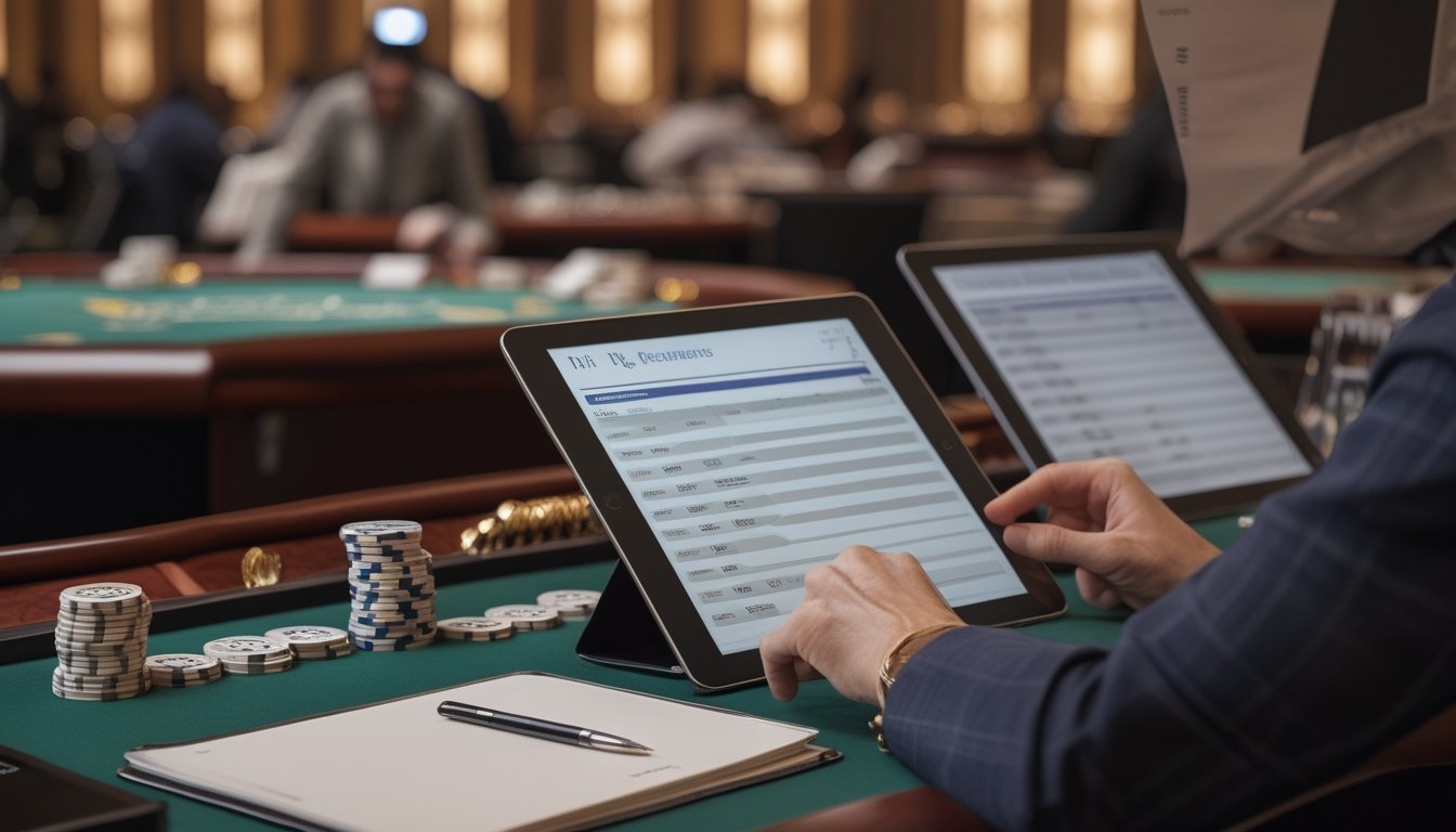 Seorang pemain meninjau rencana pengelolaan dana di dekat beberapa meja baccarat.
