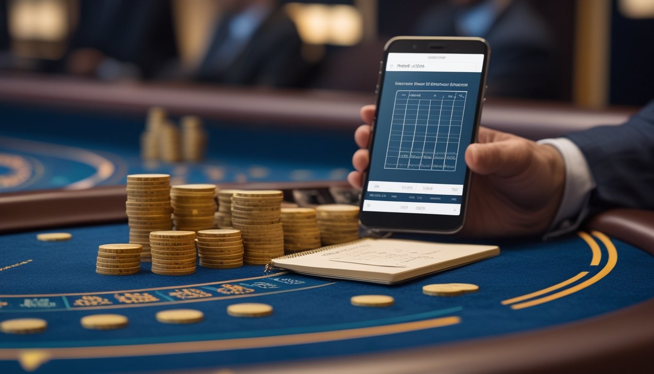 Seorang pemain menata chip, kalkulator, dan anggaran di meja baccarat dengan beberapa meja lain di latar belakang.