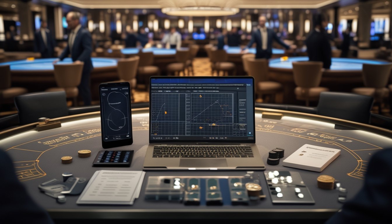 Suasana kasino modern dengan beberapa meja baccarat, pemain dewasa, dealer, serta perlengkapan analisis dan taruhan di meja depan.