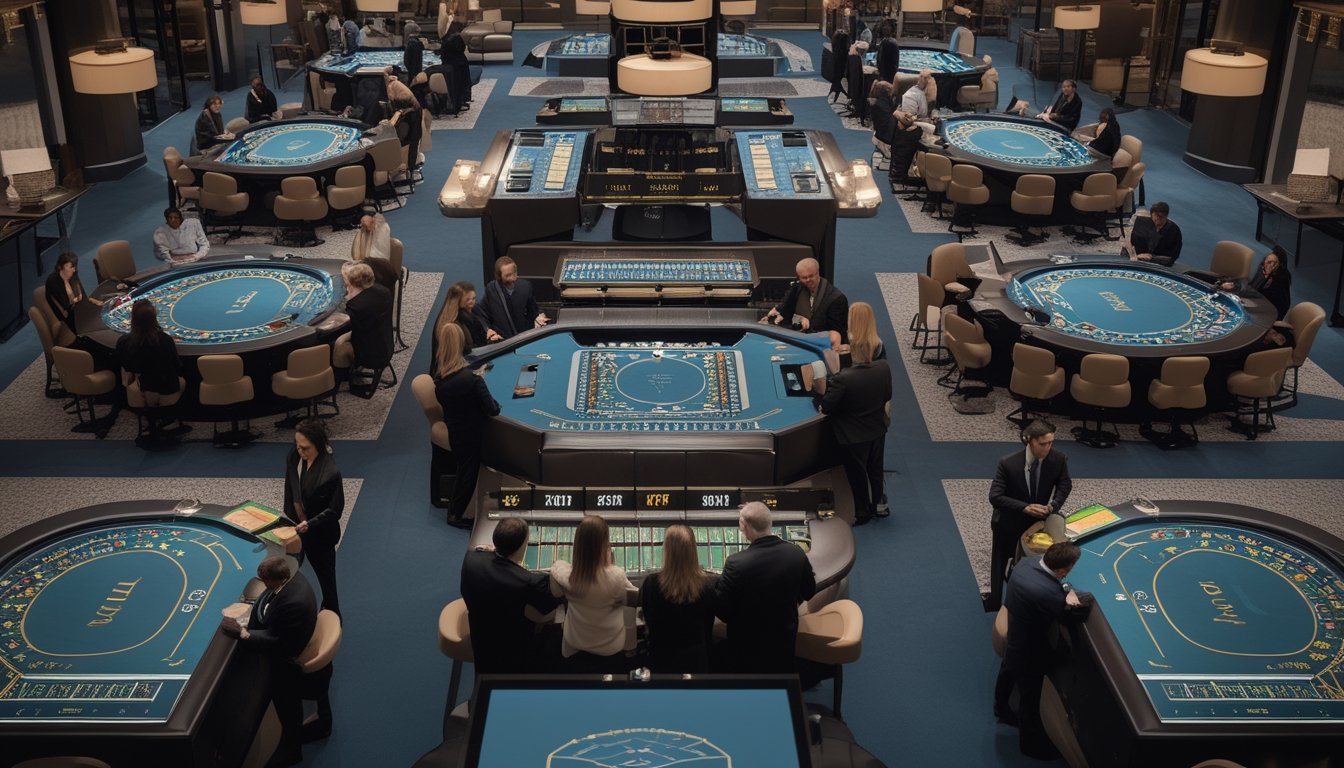 Suasana kasino modern dengan beberapa meja baccarat yang dimainkan secara bersamaan oleh pemain dan dealer.