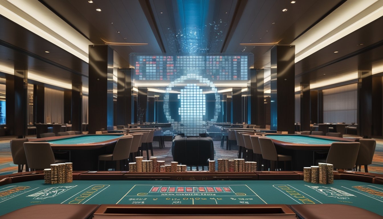 Suasana kasino modern dengan beberapa meja baccarat, kartu, dan tumpukan keping taruhan.