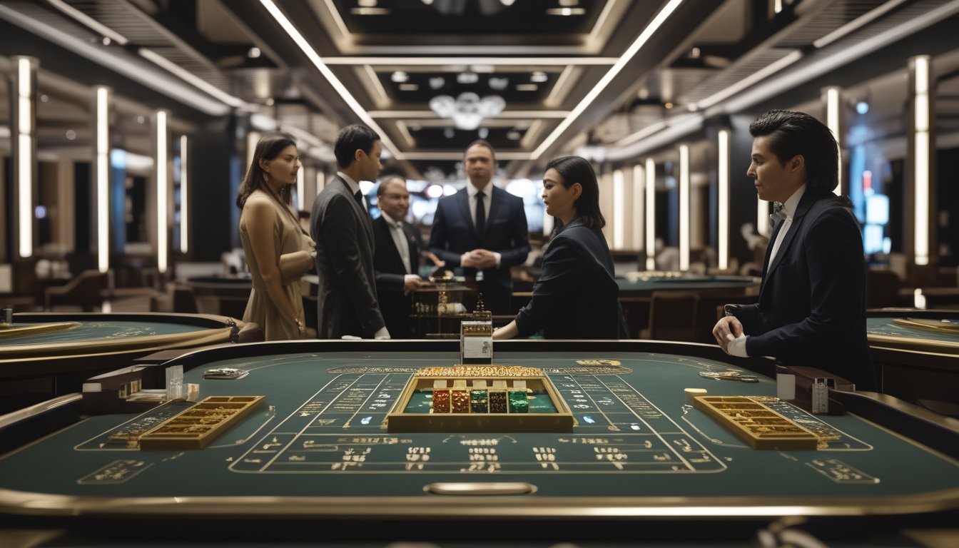 Pemain dan dealer berada di beberapa meja baccarat dalam kasino modern yang mewah.