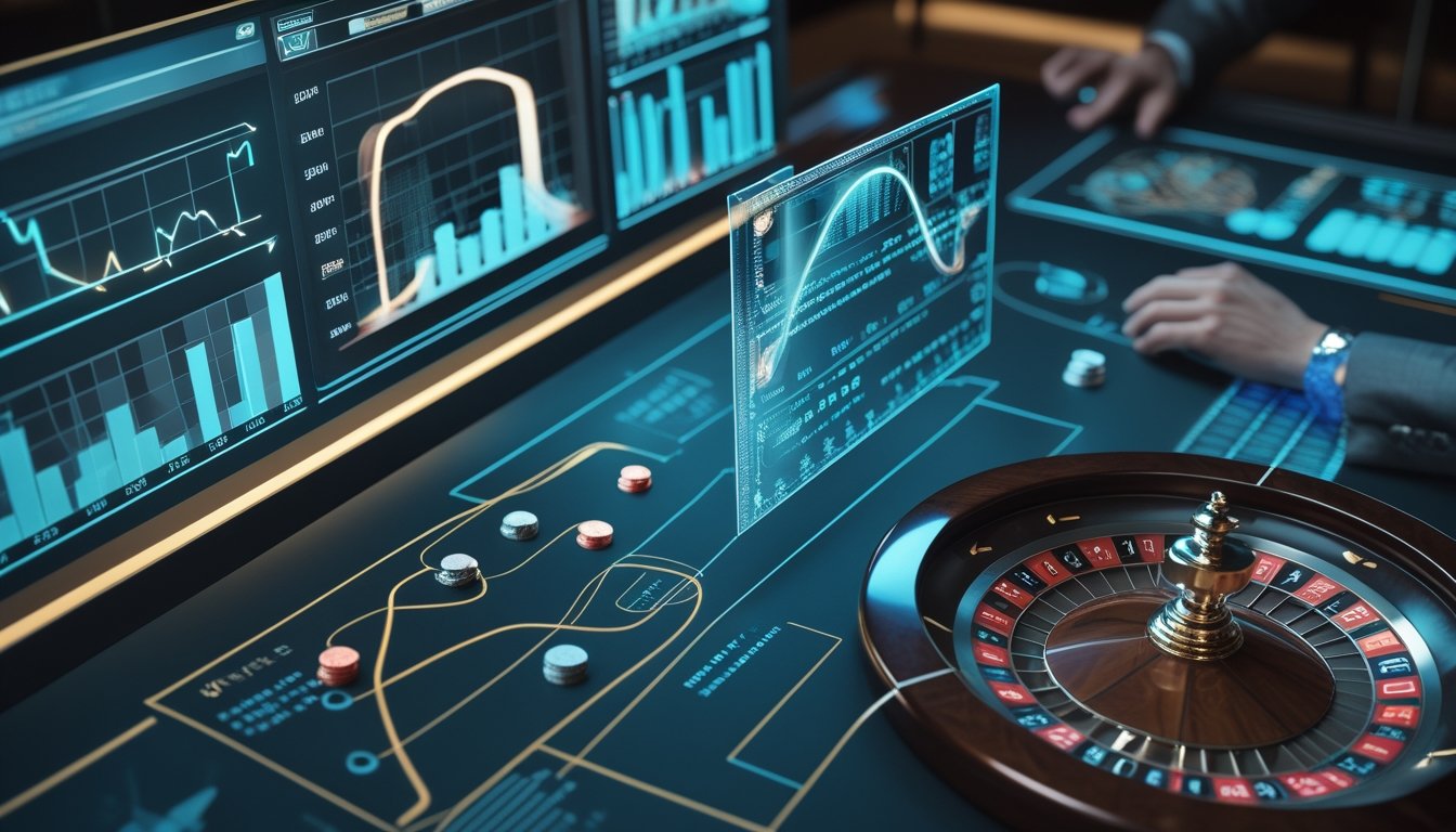 Analis meninjau data probabilitas di samping meja roulette dengan roda yang sedang berputar.