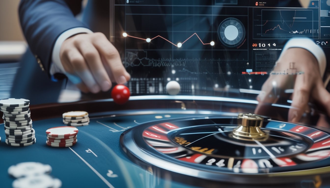 Roda roulette berputar dengan bola, keping taruhan, dan elemen visual abstrak yang menggambarkan analisis peluang.