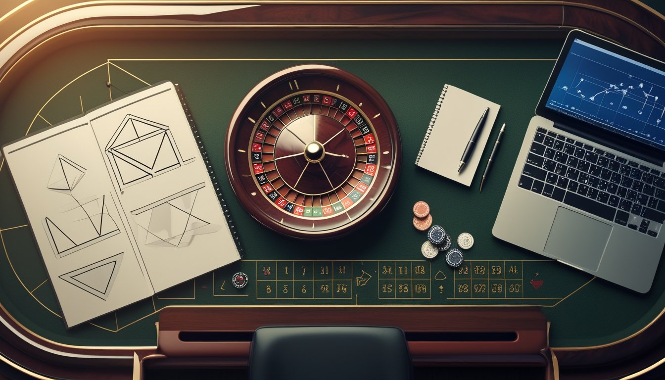 Meja roulette dengan roda merah hitam, keping taruhan, kalkulator, dan grafik abstrak yang menggambarkan analisis matematika.