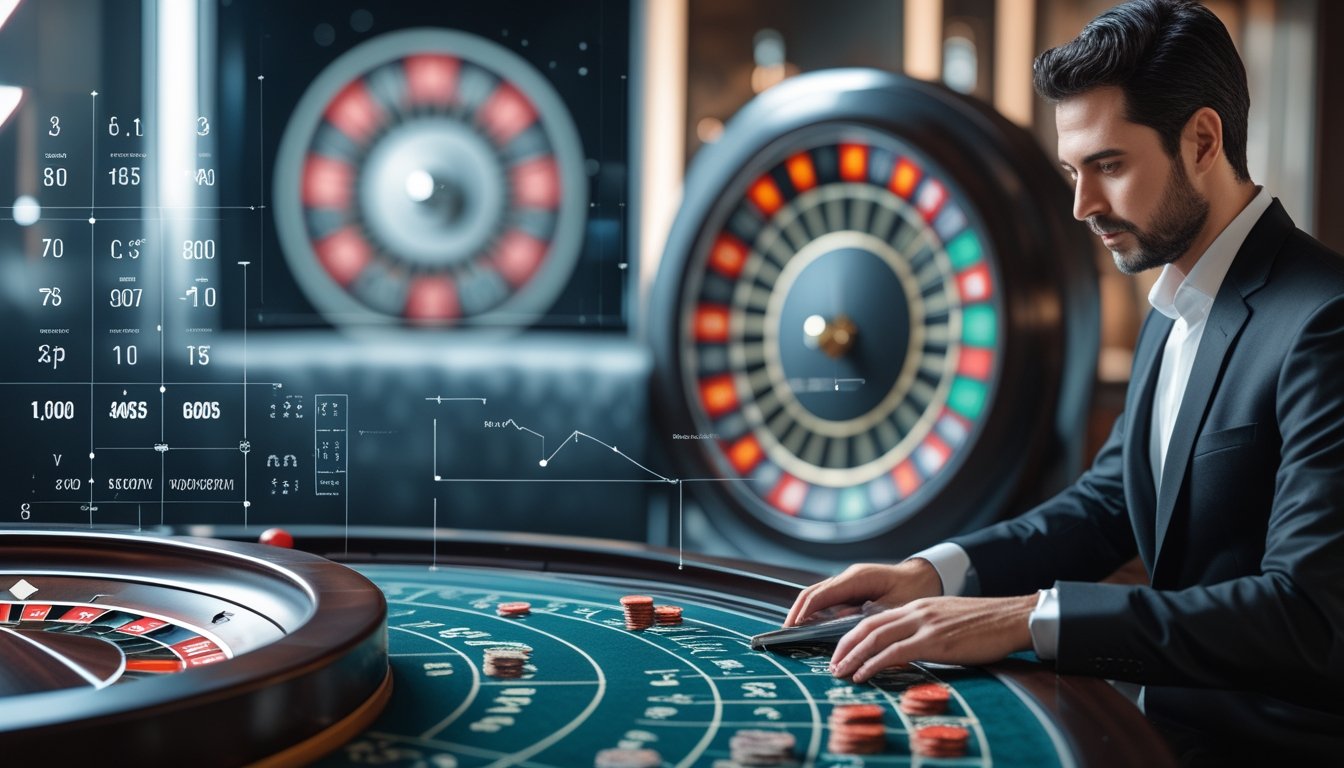 Seorang analis mempelajari probabilitas di samping roda roulette dan susunan keping taruhan.