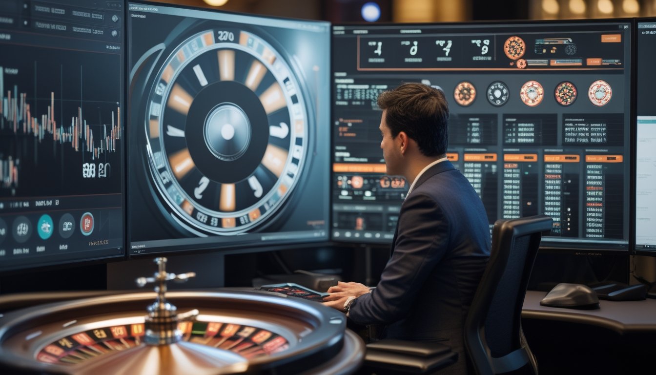 Seorang analis memantau data statistik putaran roda roulette secara langsung melalui beberapa layar di ruang kasino modern.