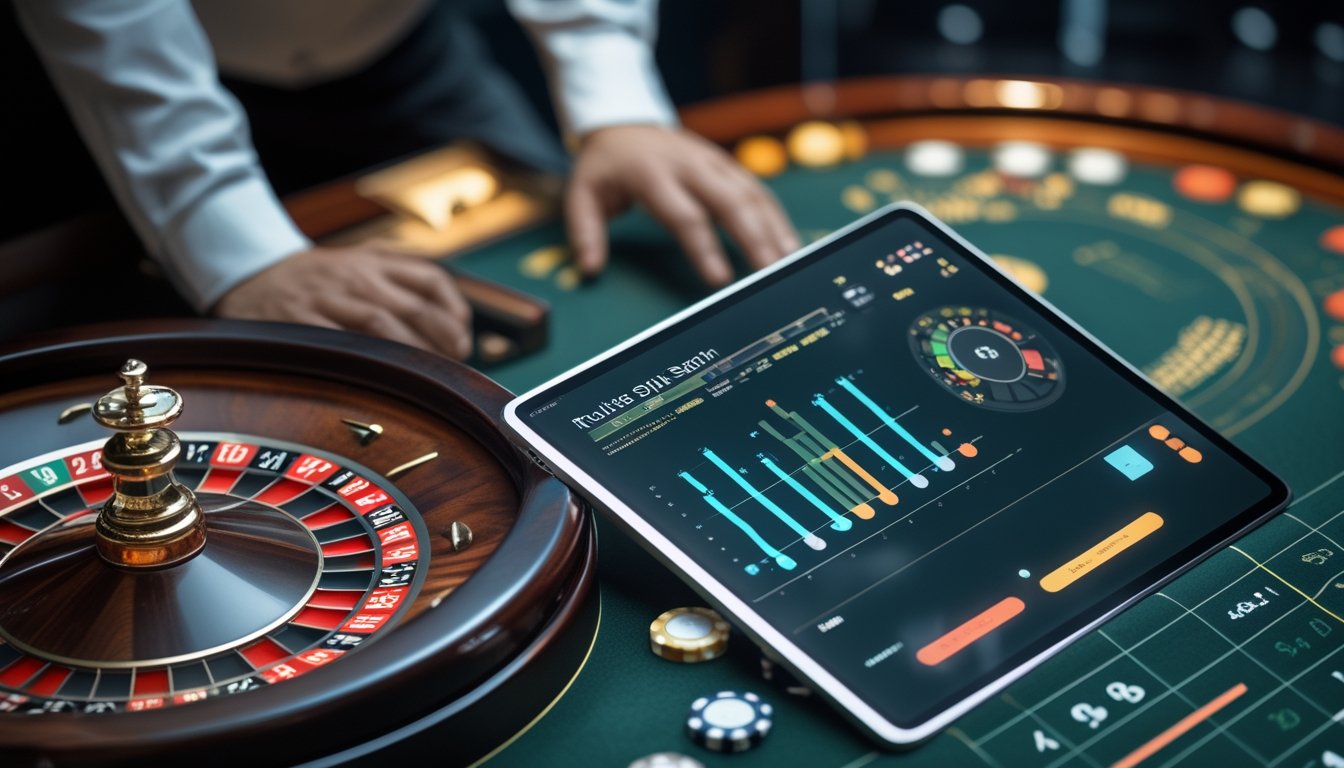 Seseorang mengamati roda roulette yang berputar dan grafik statistik waktu nyata pada tablet di meja kasino.