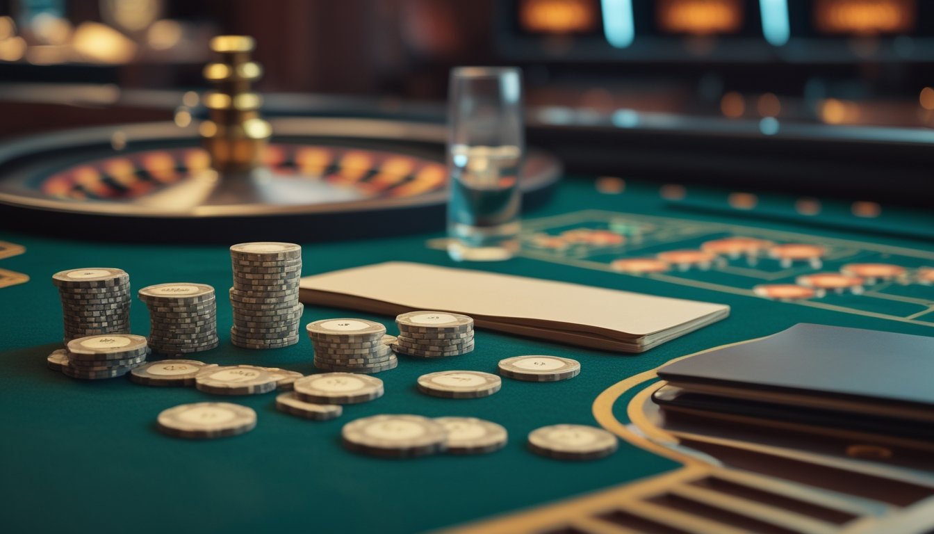 Roda roulette dan tumpukan chip yang tertata rapi di lingkungan kasino modern.