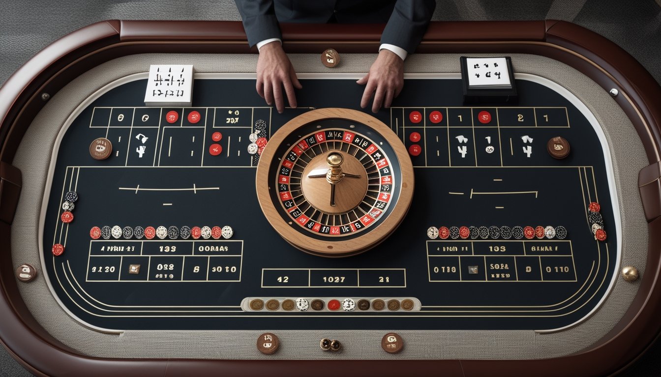 Roda roulette dengan susunan keping taruhan dalam dua pola berbeda di meja kasino.