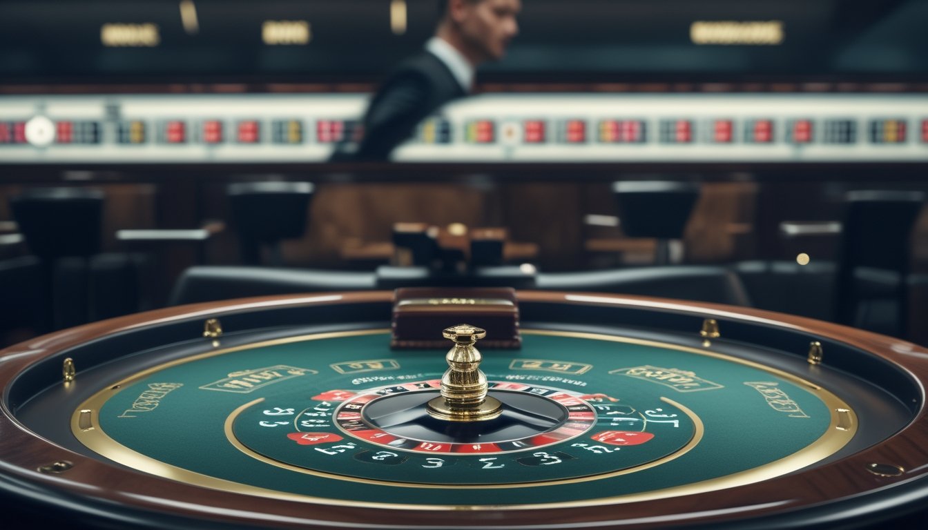 Pemain mengamati roda roulette cepat dan dua kelompok chip taruhan di meja kasino.