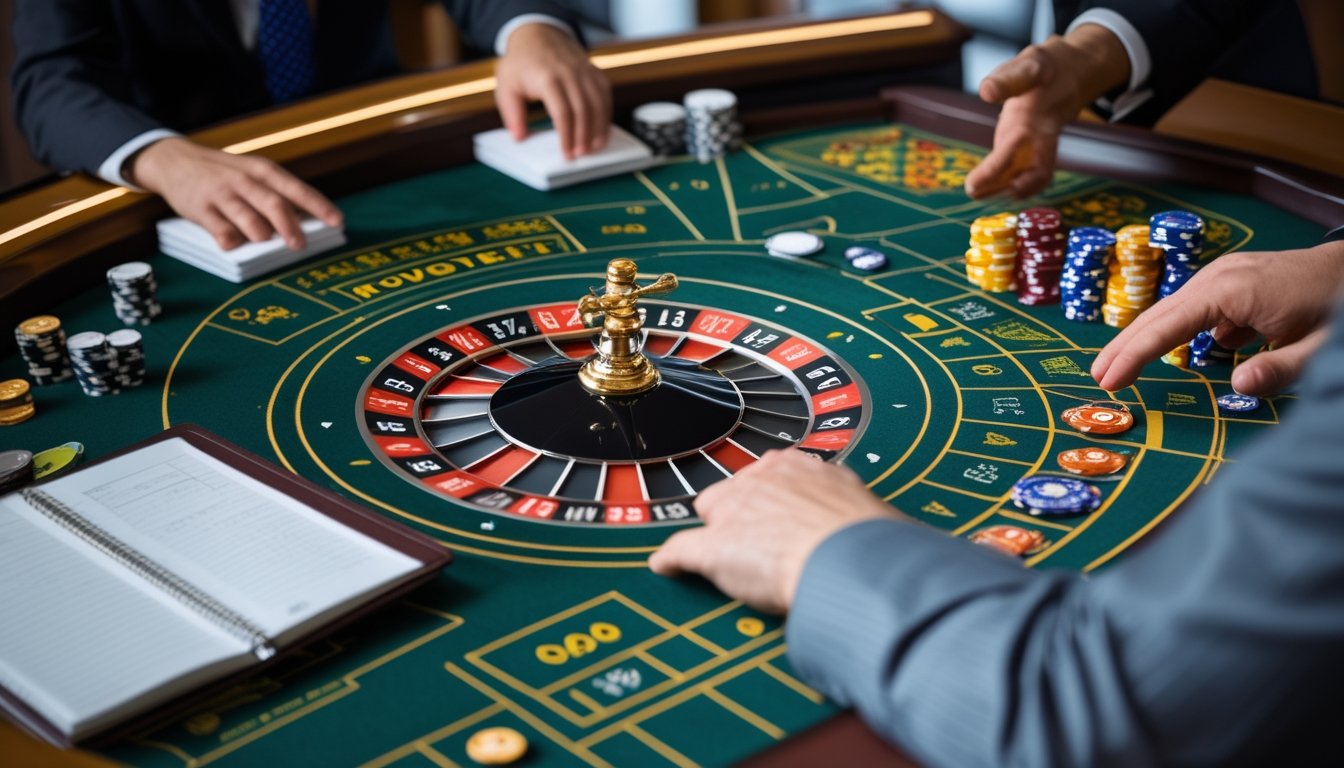 Pemula mempelajari permainan roulette cepat di meja kasino bersama seorang bandar.