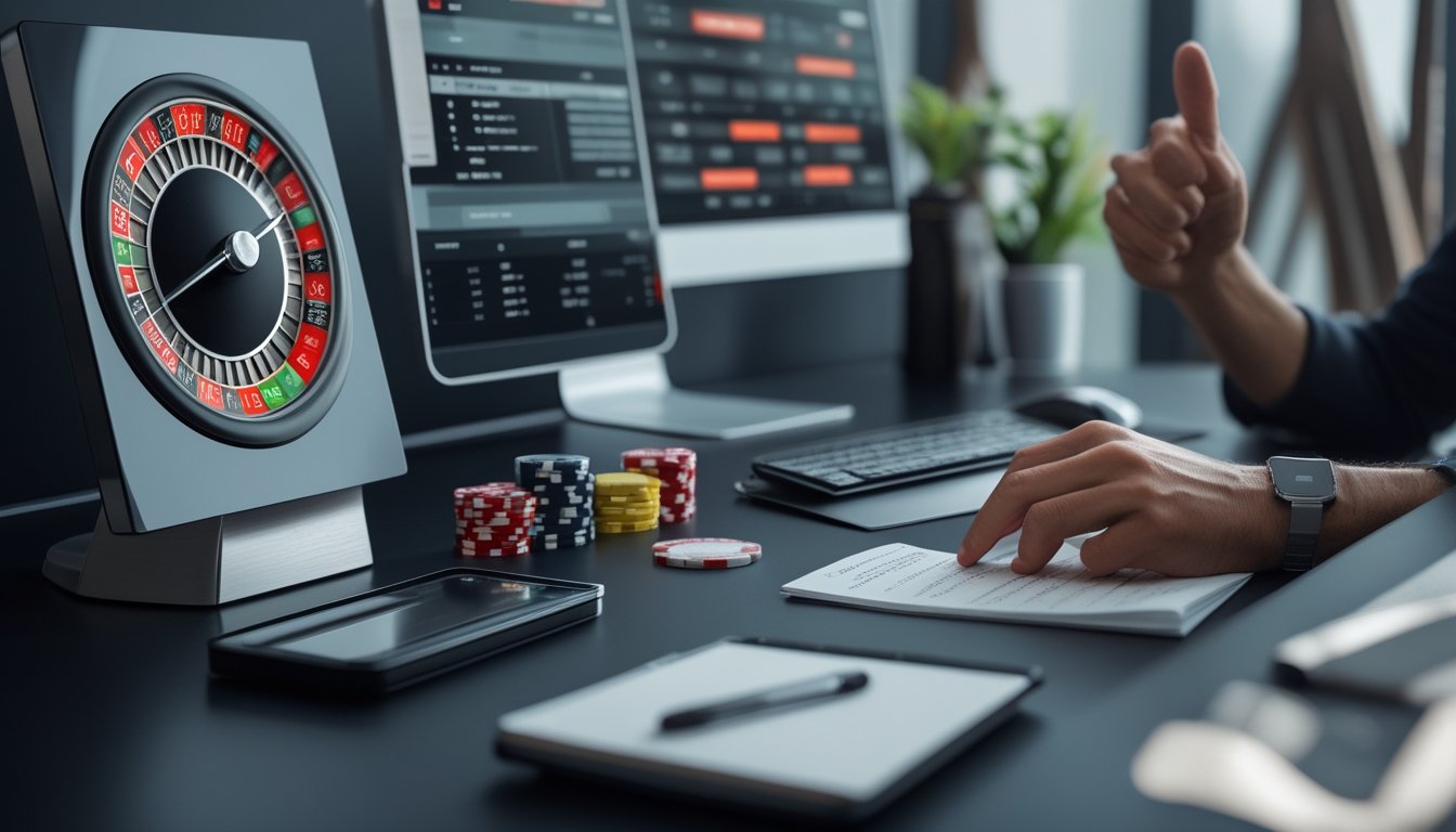 Seseorang menganalisis permainan roulette online di samping roda roulette, grafik, kalkulator, dan keping taruhan.