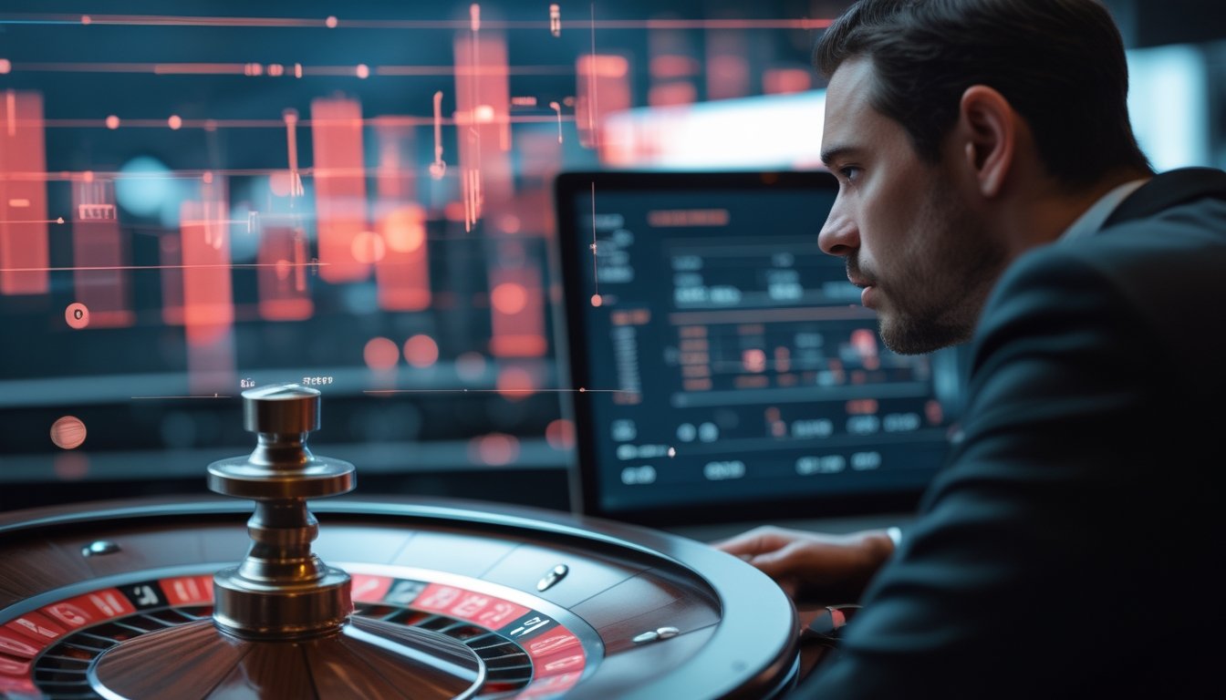Pemain mengamati roda roulette dan analisis peluang melalui perangkat digital.