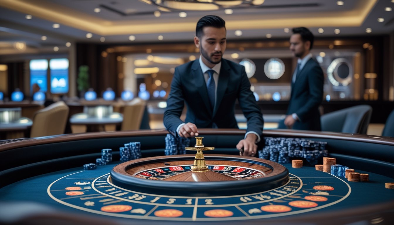 Pemain mengamati roda roulette cepat di meja kasino dengan dealer live dan keping taruhan.