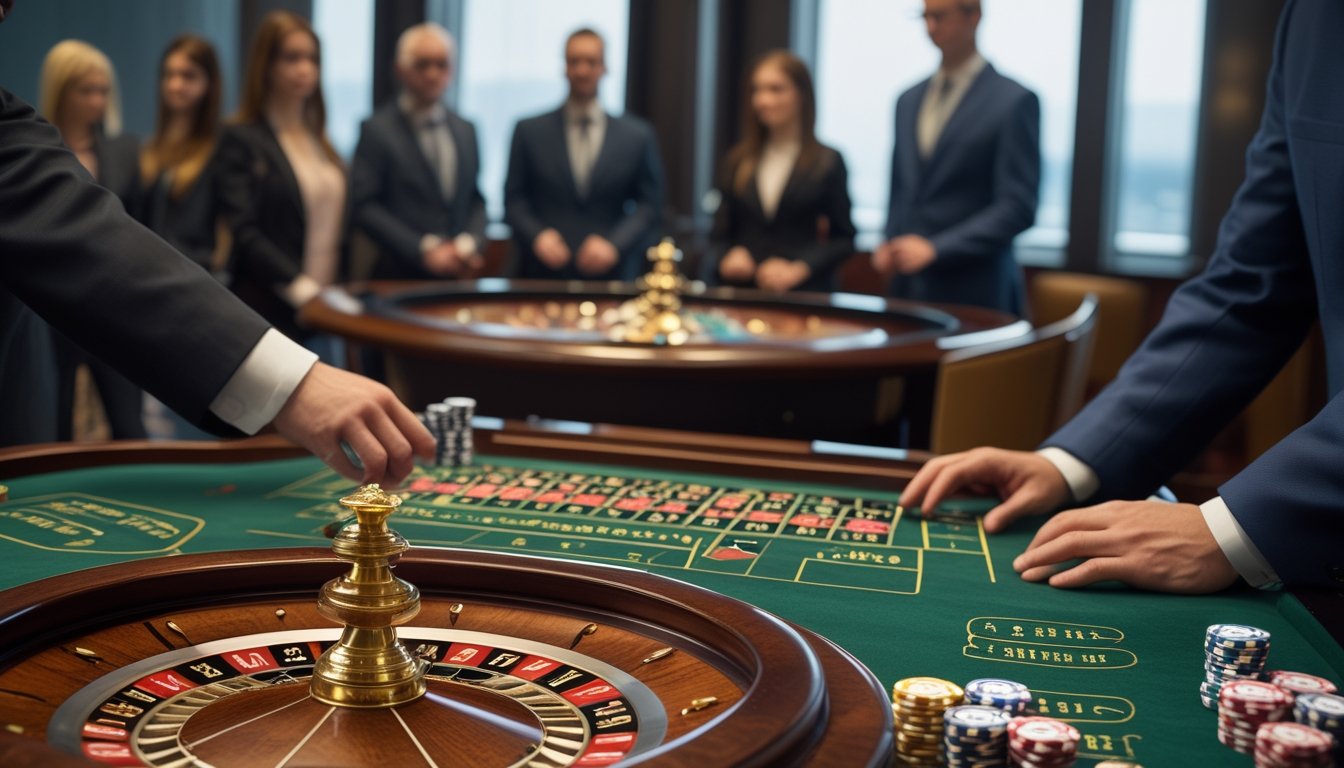 Croupier dan pemain mengamati permainan roulette langsung di meja kasino modern.