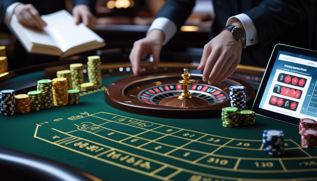 Roda roulette berputar di meja kasino dengan keping taruhan dan seorang pemula yang mengamati permainan.