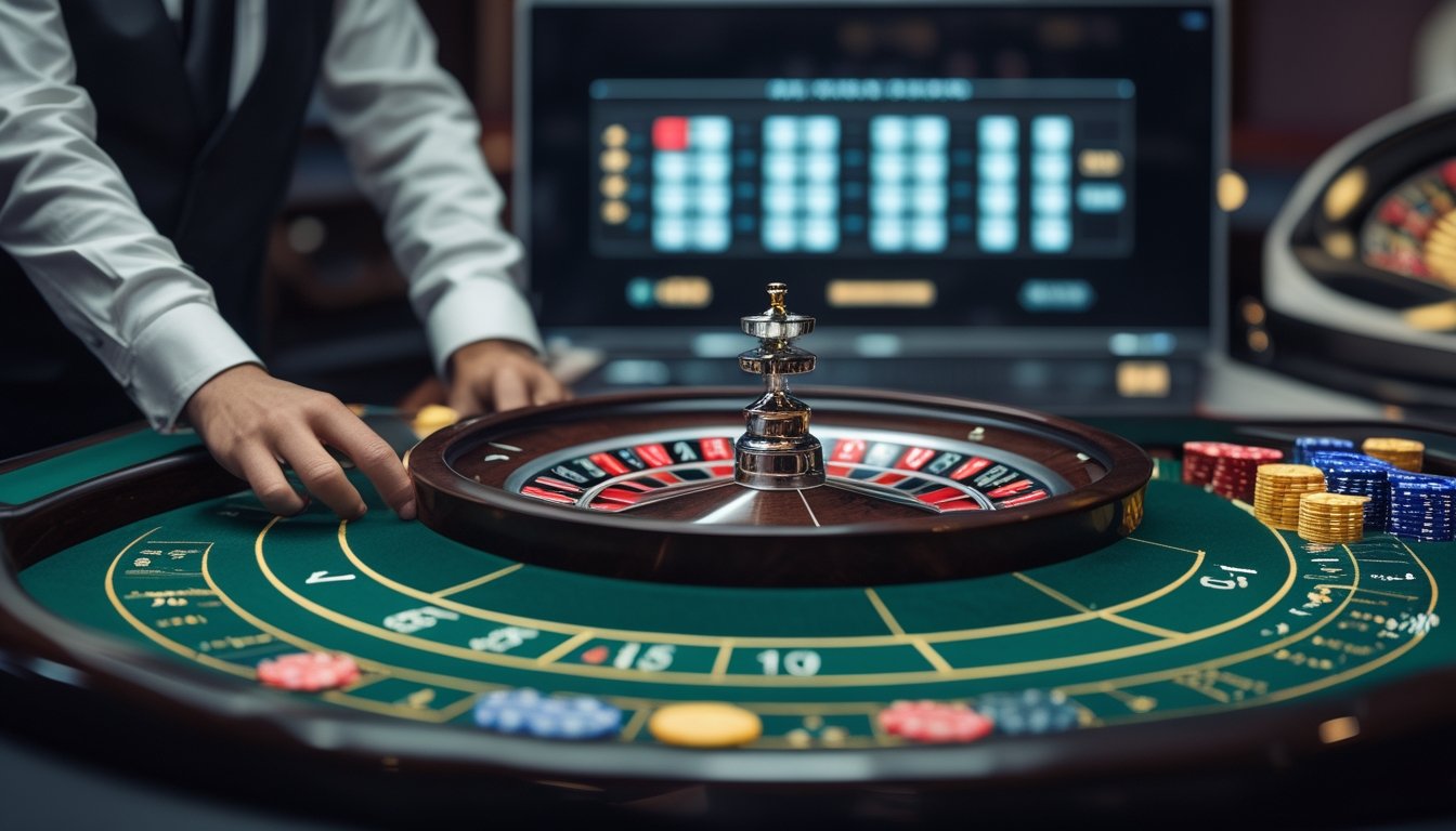 Roda roulette, keping taruhan, dan penghitung waktu digital di lingkungan kasino modern.