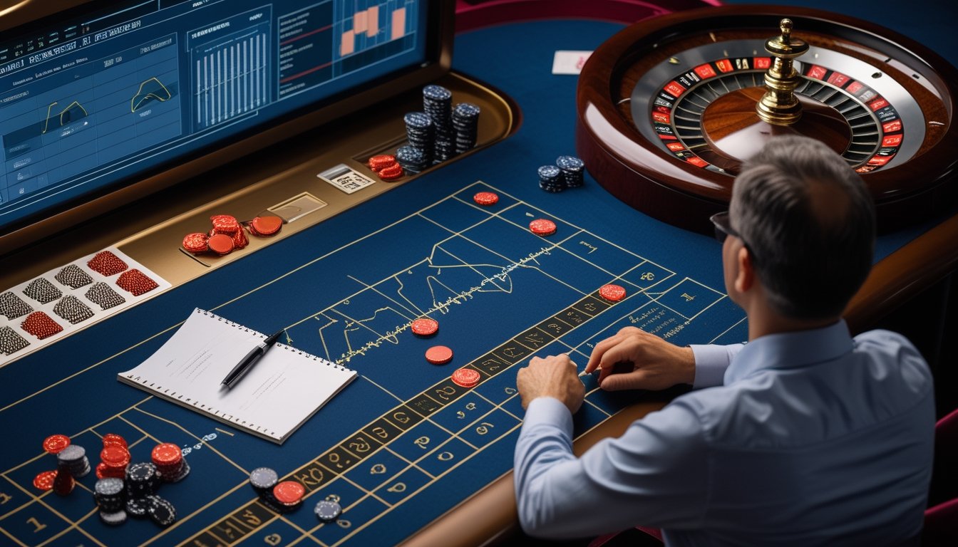 Seseorang mengamati meja roulette dengan chip dan grafik analisis sederhana di kasino modern.