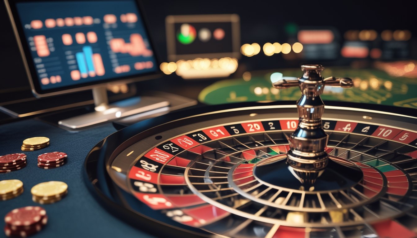 Roda roulette modern dengan keping taruhan dan tampilan digital yang buram di latar belakang.