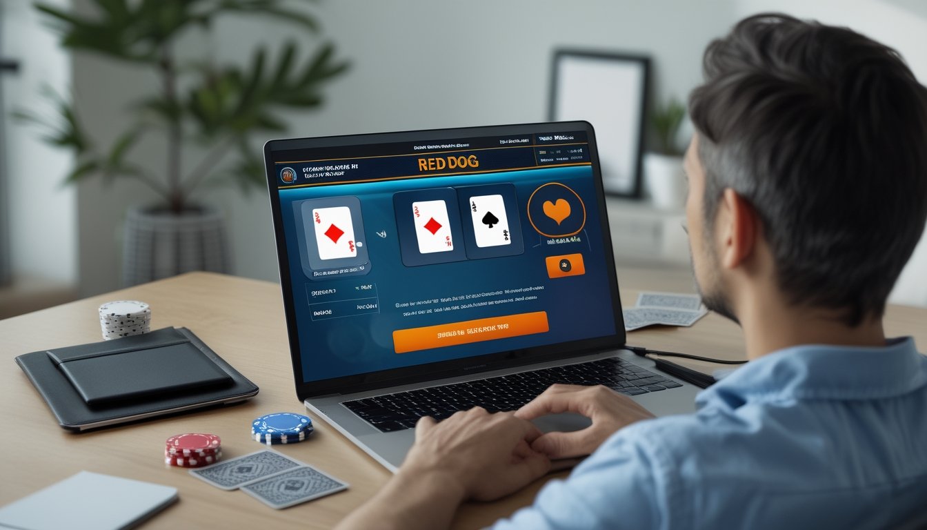 Pemula memainkan permainan kartu Red Dog online di laptop dengan kartu dan keping poker di meja.