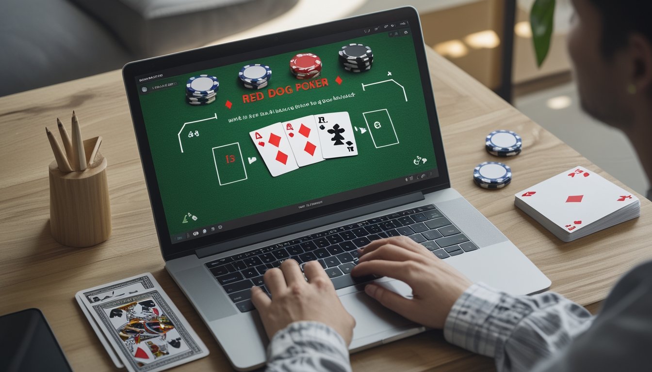Laptop menampilkan permainan kartu daring dengan kartu dan keping poker tersusun di atas meja.