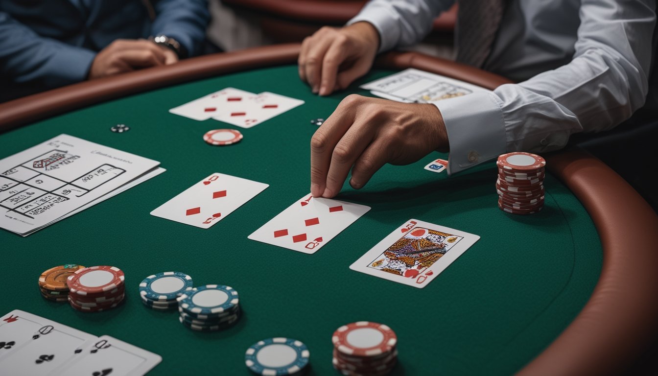 Pemain mengamati dua kartu Red Dog di meja kasino dengan keping taruhan yang tertata.