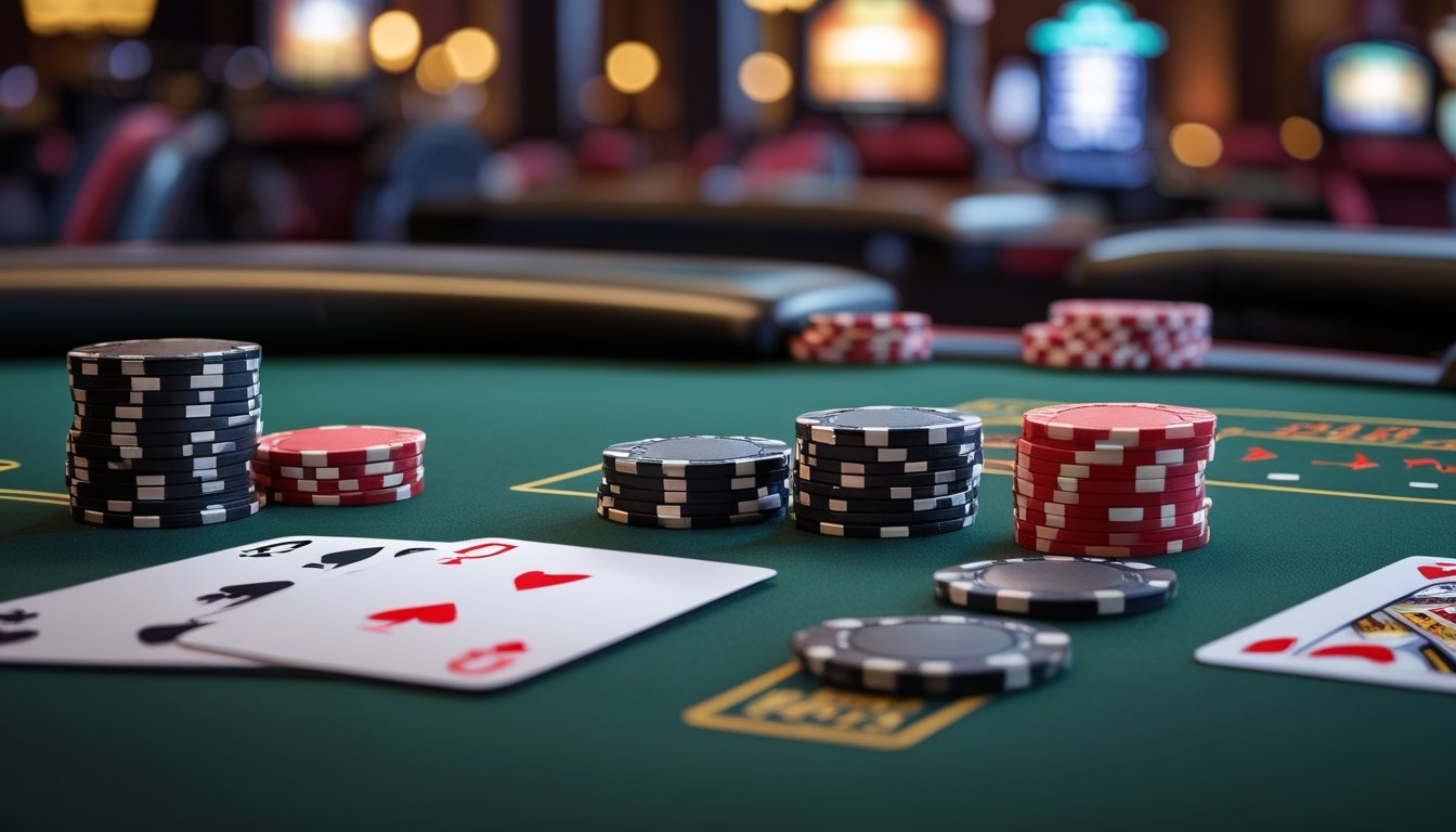 Kartu poker dan keping taruhan tersusun di atas meja kasino hijau.