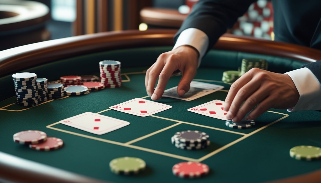 Dealer membagikan kartu ketiga di antara dua kartu terbuka di atas meja permainan dengan keping taruhan.