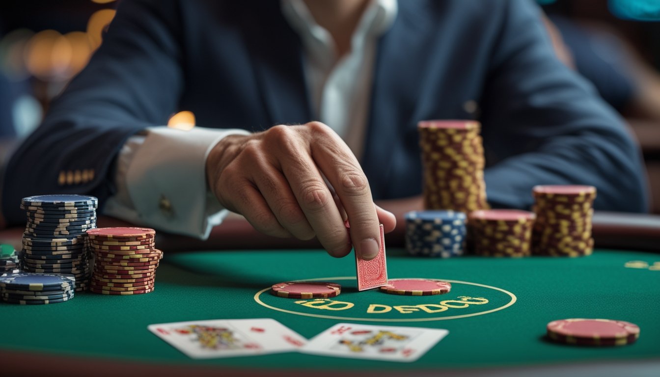 Pemain poker dengan tenang mendorong keping taruhan ke meja sambil mempertimbangkan langkah berikutnya.