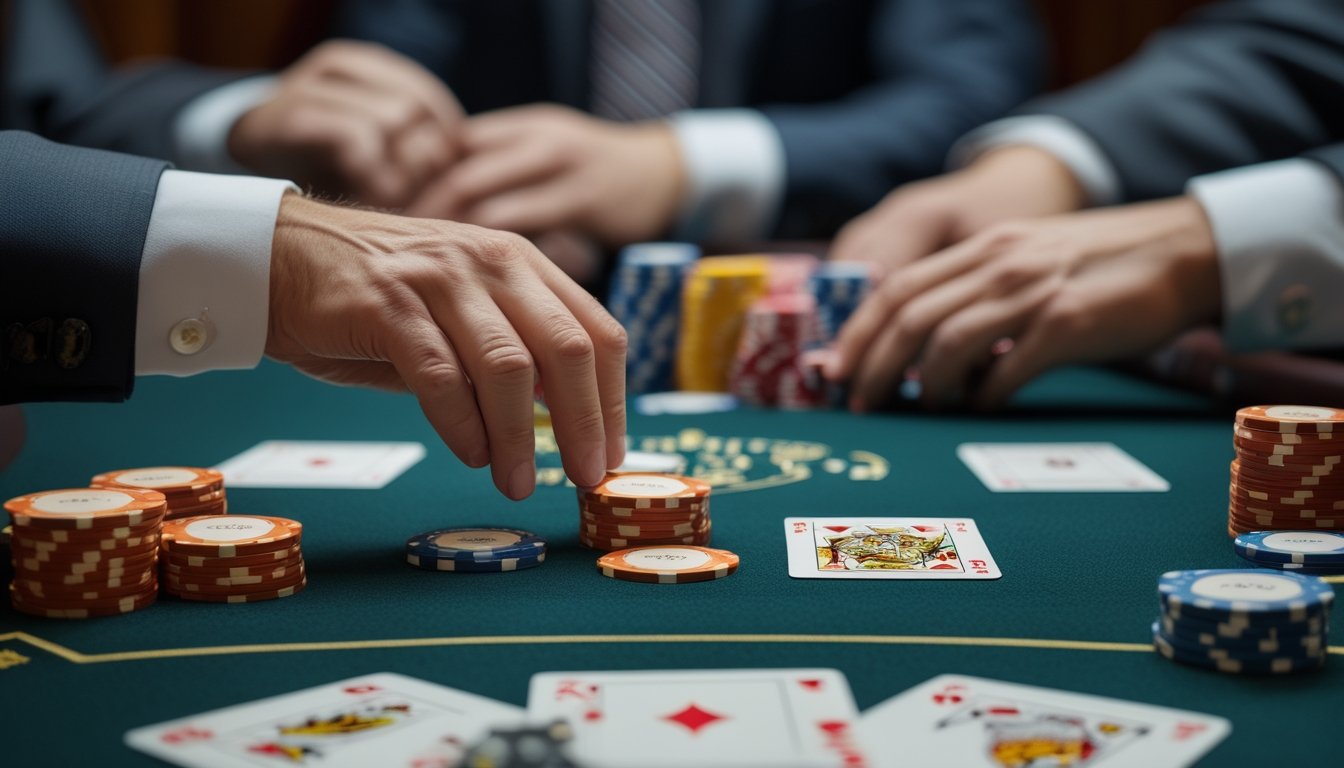Pemain poker menempatkan tumpukan chip di meja sambil mempertimbangkan kenaikan taruhan.